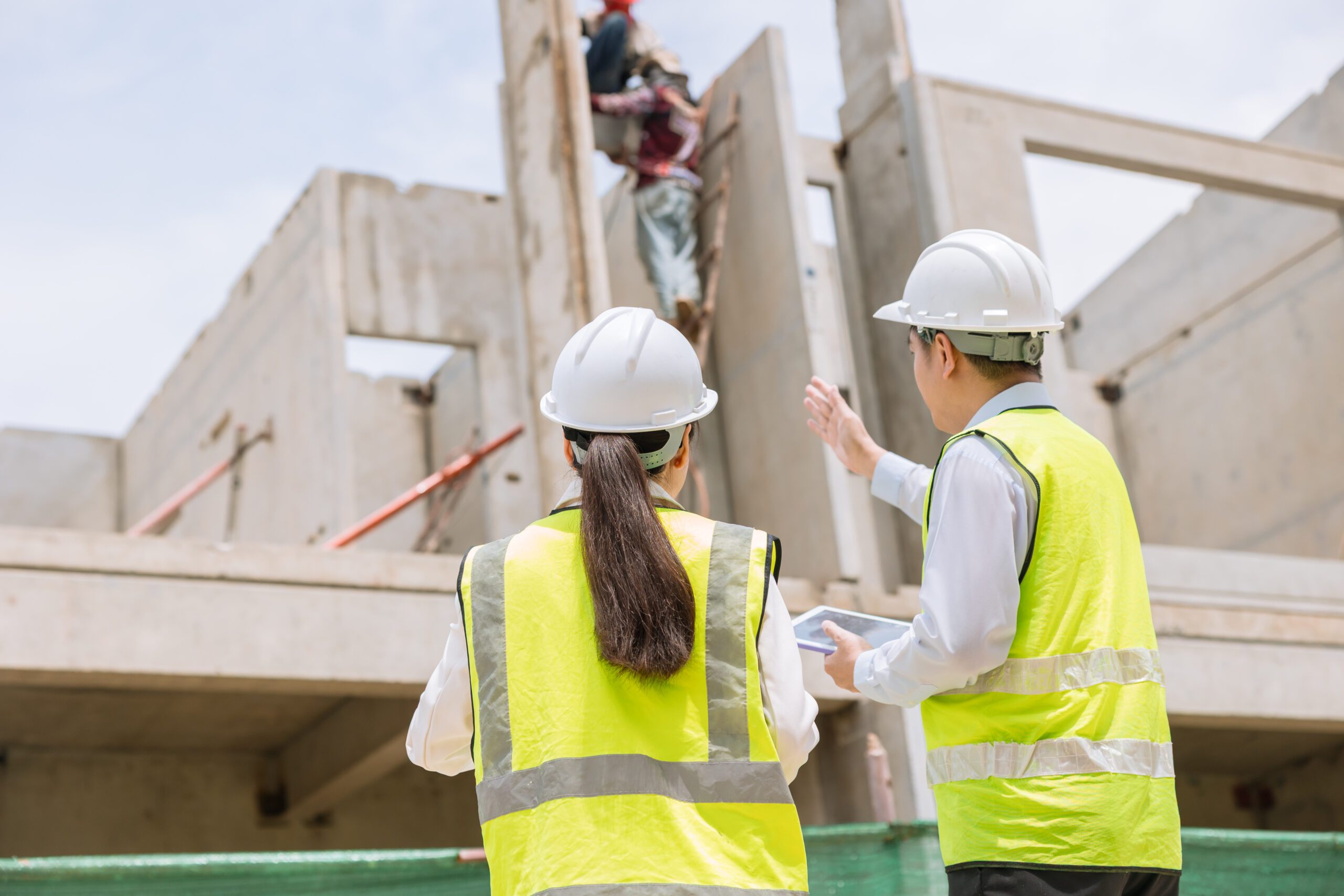 Construction engineer builder working team, Lead architect manager site inspection house construction project assessment process